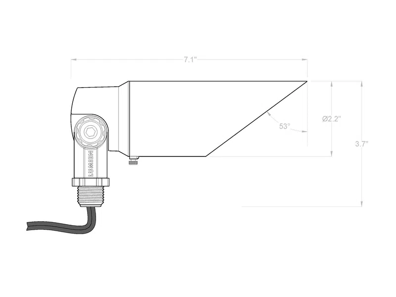 Technical drawing of a device with dimensions 7.1 inches length, 3.7 inches height, 2.2 inches diameter, and a 53-degree angle.