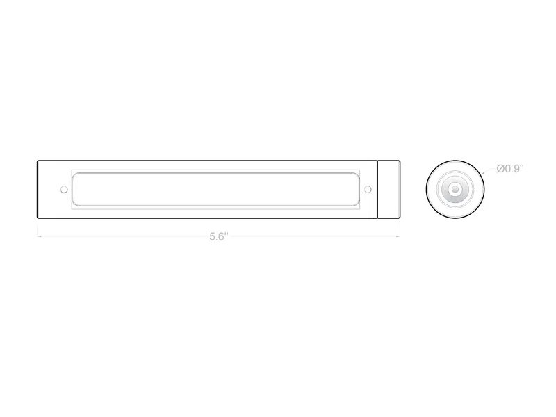 Technical drawing of a rectangular object with dimensions 5.6 inches long and 0.9 inch diameter circular end.