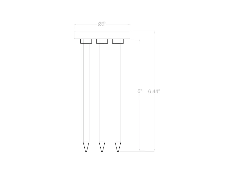 Technical drawing of a three-pronged stake with dimensions labeled including 3 inch width and 6.44 inch height.