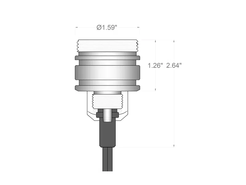 Technical drawing of a cylindrical metal sensor with threaded sections and attached cable, dimensions shown.