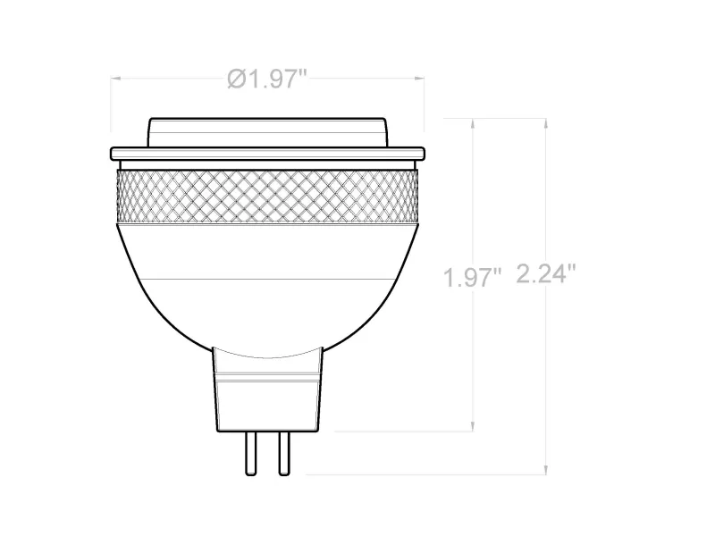 Technical drawing of a light bulb with diameter 1.97 inches and height 2.24 inches shown with measurements.