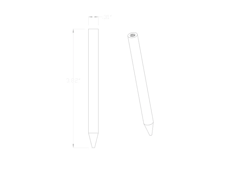 Technical drawing of a cylindrical stylus pen with dimensions 3.82 inches length and 0.31 inches width.