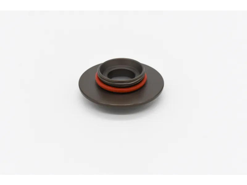 Metal valve seal with an orange rubber gasket against a white background, isolated product image.