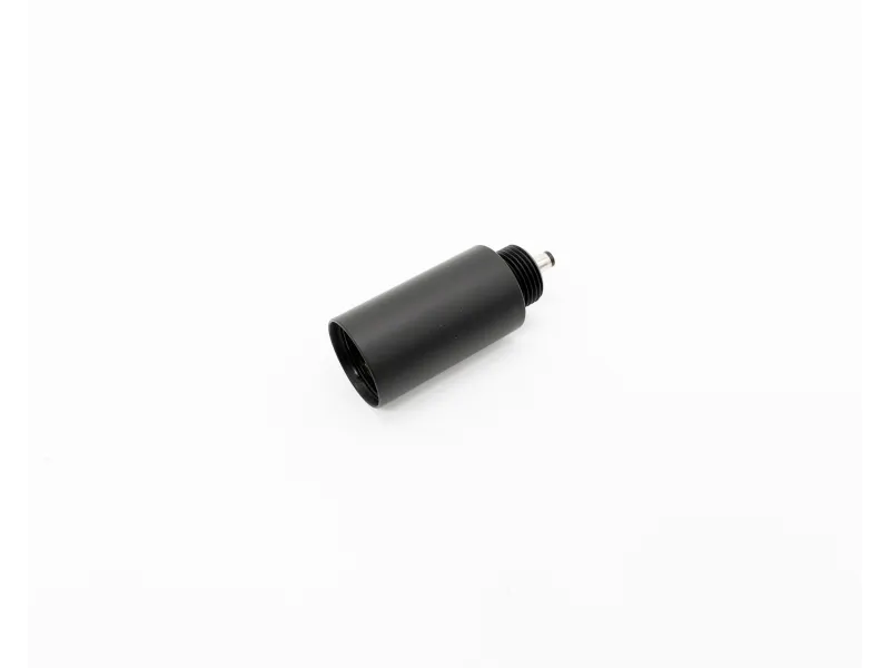Black cylindrical metal object with threaded end and small protruding pin on white background.