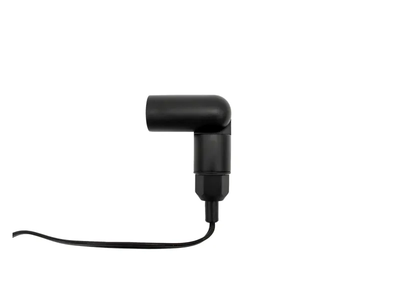 Black L-shaped cable connector with attached wire isolated on white background.