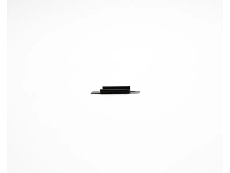Small black metal bracket with two holes on a white background, centered in the image.