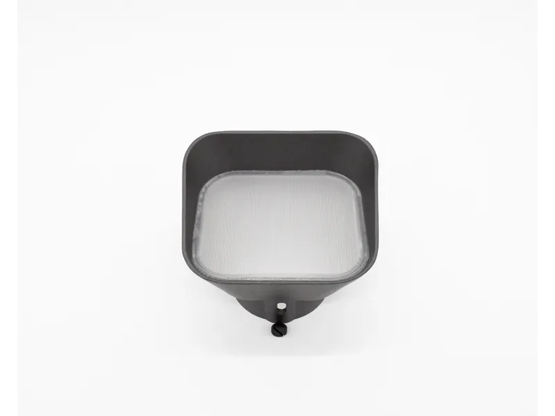Black square-shaped outdoor security light fixture with frosted glass diffuser on white background