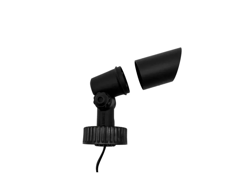 Black adjustable garden or spotlight fixture with detachable conical shade and wired base on white background