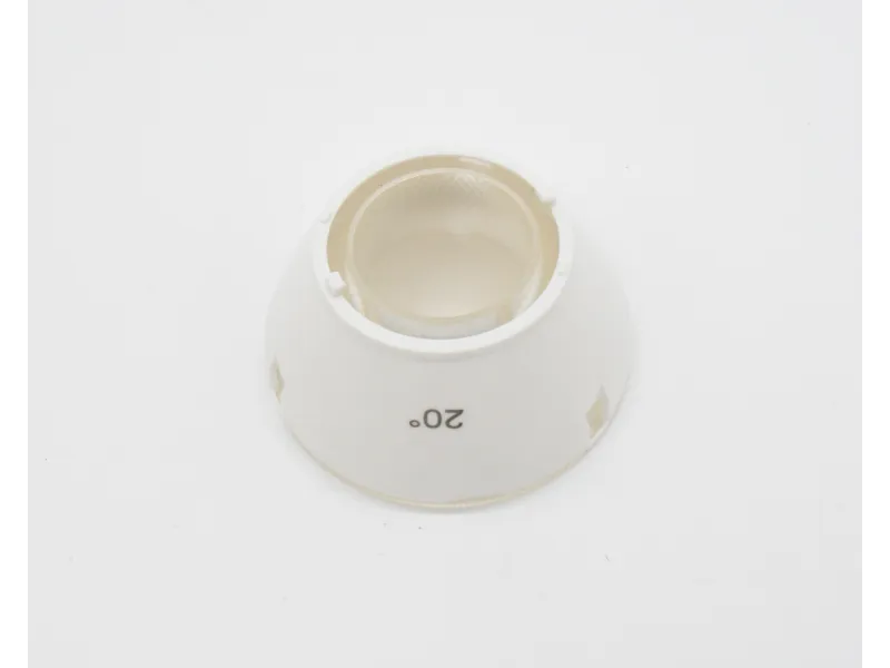 White plastic ring with mesh filter and 20° marking on a white background