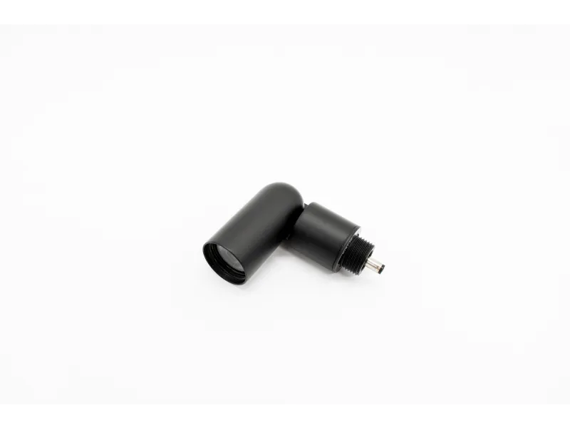 Black angled metal telescope adapter or connector with threaded end on a white background