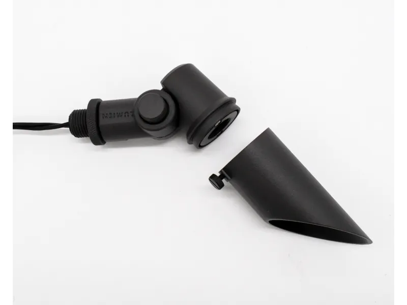 Black adjustable spotlight with detachable cone-shaped shade on a white background.
