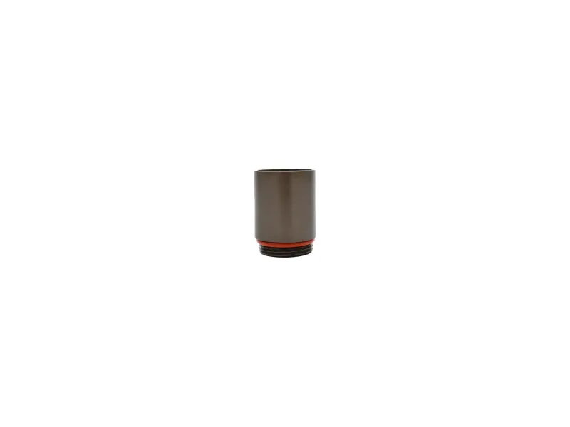 Metal cylindrical object with threaded base and red gasket ring on white background