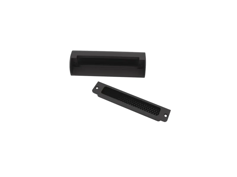 Black rectangular recessed handle and matching vent grille isolated on white background