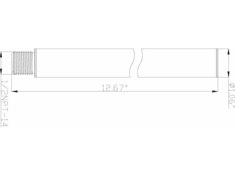 Technical drawing of a cylindrical metal rod with 12.67 inch length and 1.06 inch diameter, threaded end.