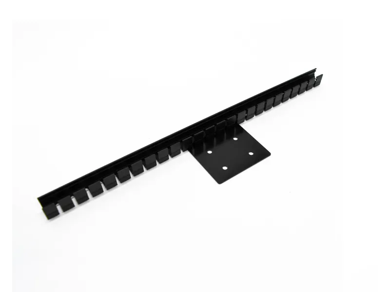 Black metal cable management rack with evenly spaced slots and mounting plate with screws on white background