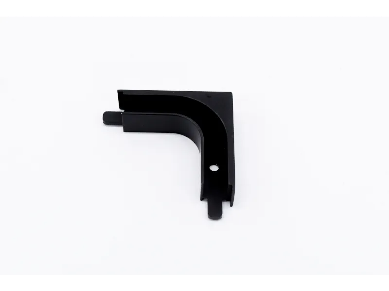 Black plastic right-angle bracket with mounting hole on white background