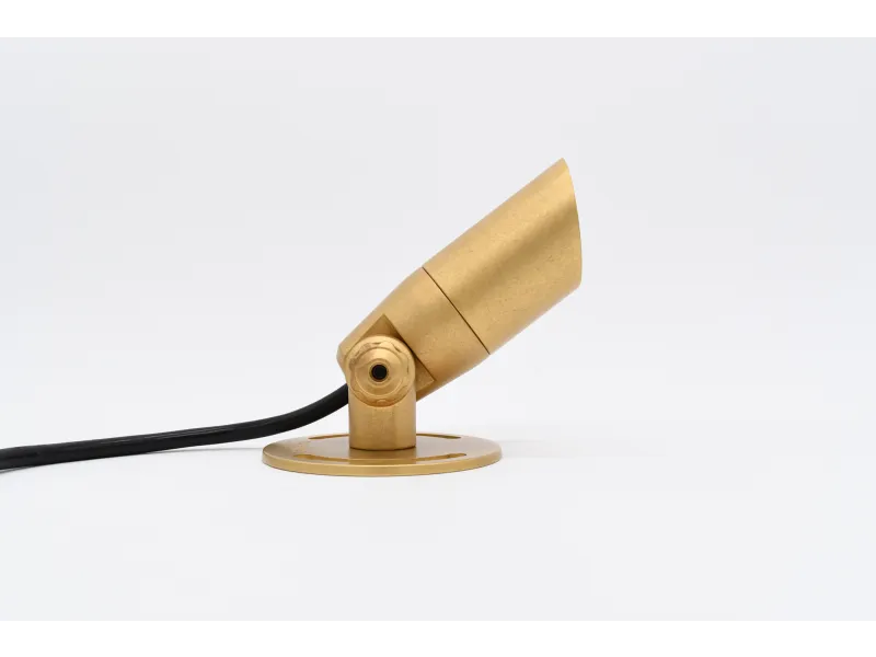 Small gold-colored spotlight with adjustable head and black power cord on white background.