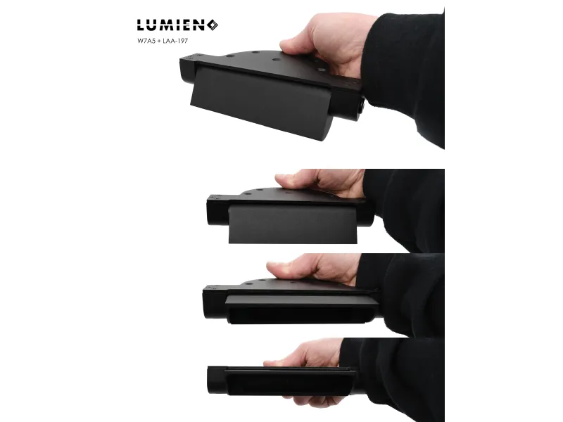 Hand holding a Lumien W7A5 LAA-197 camera accessory shown from multiple angles on a white background