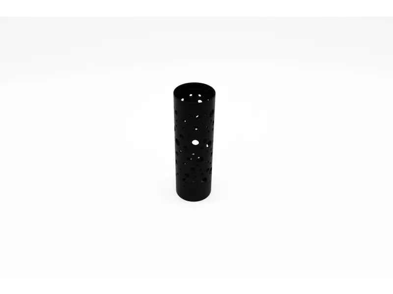 Black cylindrical object with multiple round holes on a white background, resembling a perforated metal tube.