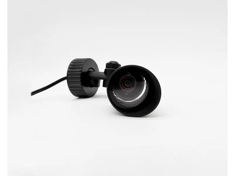 Black outdoor security camera with adjustable mount and cable on white background for surveillance.