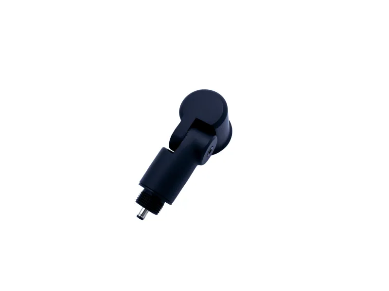 Black adjustable swivel joint connector with a threaded end isolated on white background