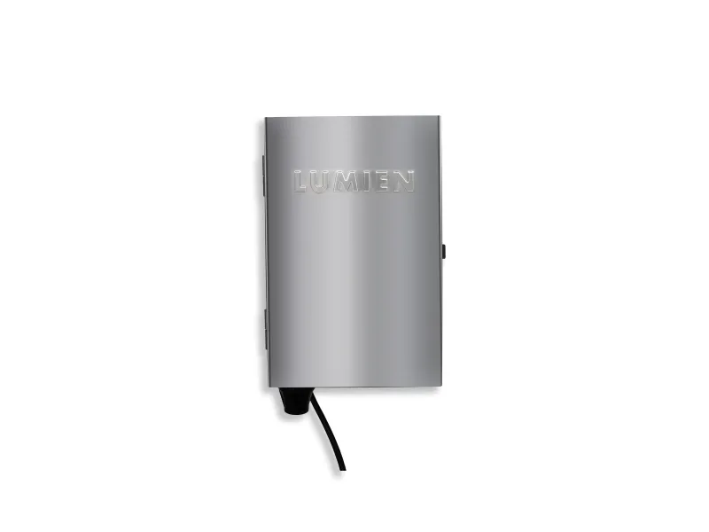 Silver metallic Lumien device with a cable protruding from the bottom on a white background.