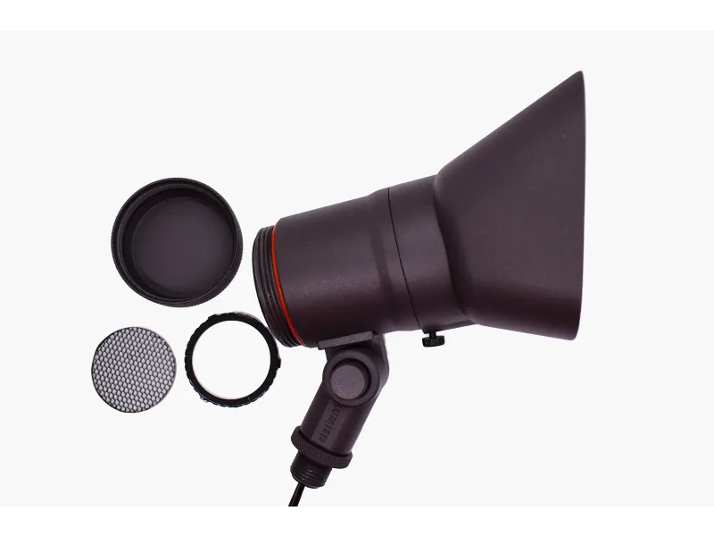 a black microphone with a red and white stripe