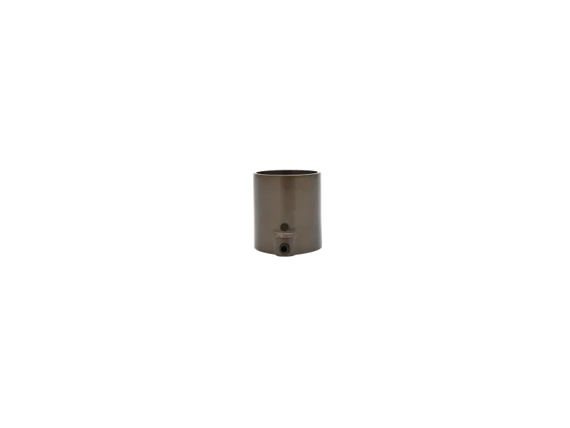 Brown metal cylindrical mechanical part with two small black screws on plain white background