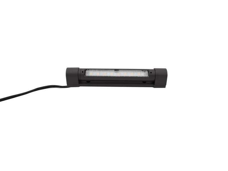 Compact black LED light bar with multiple small bulbs and attached power cord on a white background