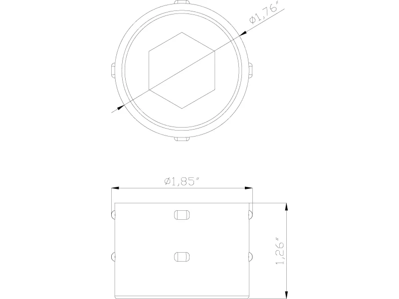Technical drawing of a cylindrical object with hexagonal feature and dimensions 1.85in diameter and 1.26in height.