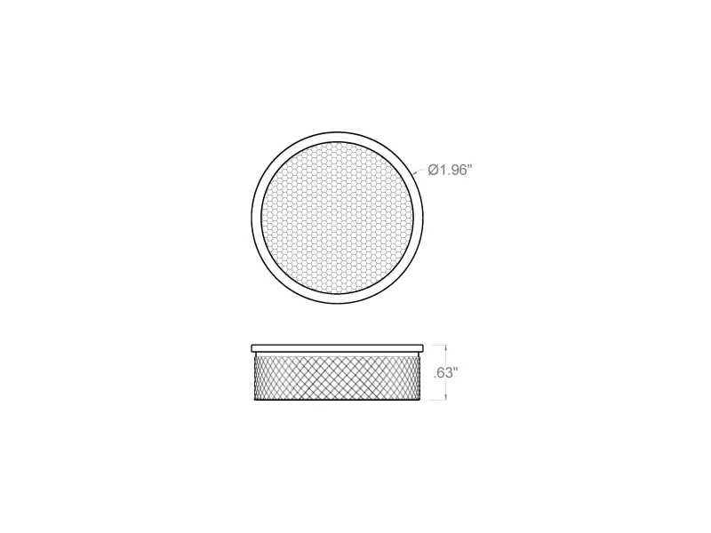 Technical drawing of a circular mesh filter showing diameter 1.96 inches and height 0.63 inches with hexagonal pattern.