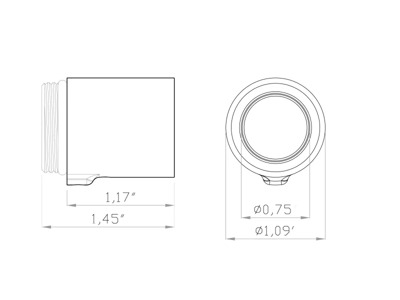 Technical drawing of a cylindrical mechanical part with detailed measurements in inches from side and top views.