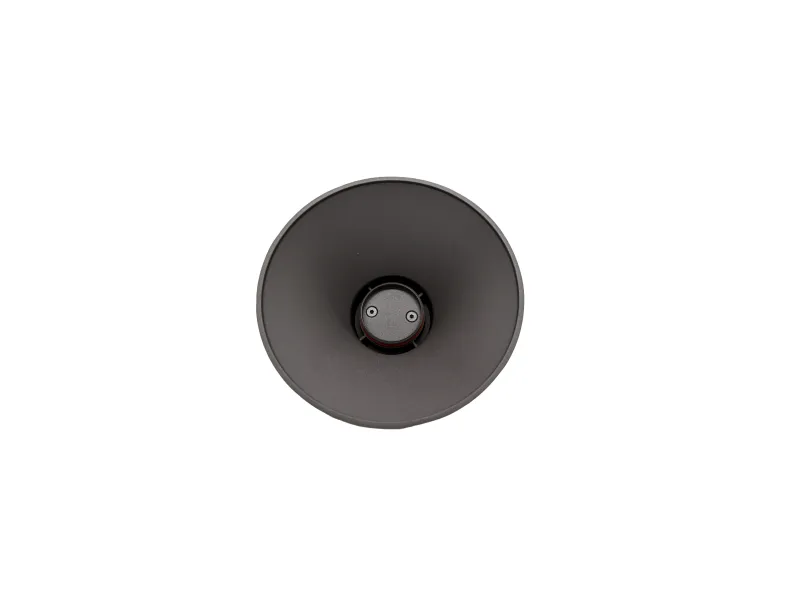 Top view of a black loudspeaker horn with a circular opening and visible mounting screws