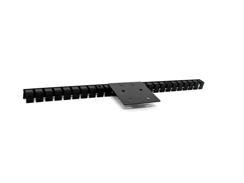 Black cable management rack with adjustable mounting plate isolated on white background.