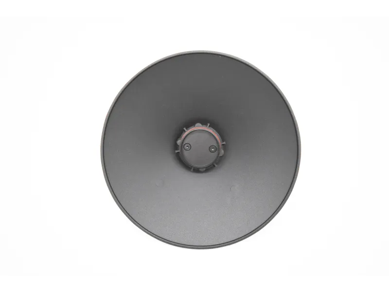 Top view of a black circular speaker cone on a white background with central mounting and screws.