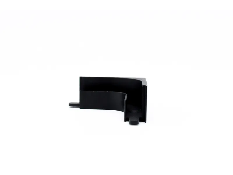 Black plastic curved bracket with two protruding tabs on a white background.