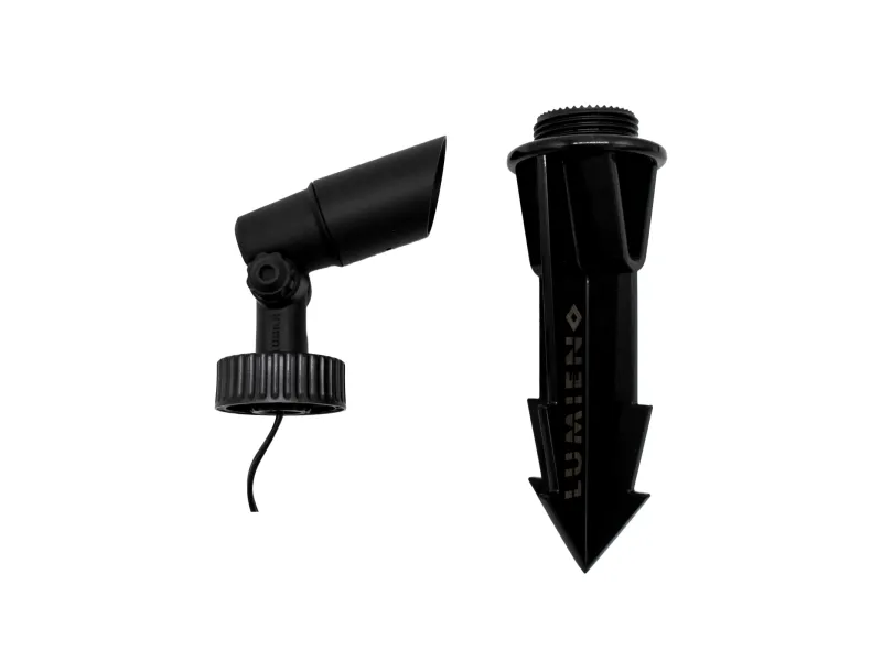 Black outdoor garden spotlight with adjustable head and ground stake attachment on white background