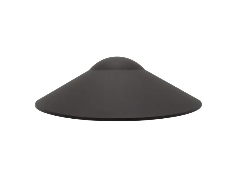 Black wide-brimmed flat conical hat with a rounded top, isolated on white background.