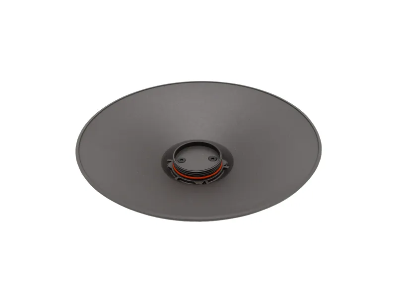 Wide black speaker cone with central mounting and orange gasket on white background