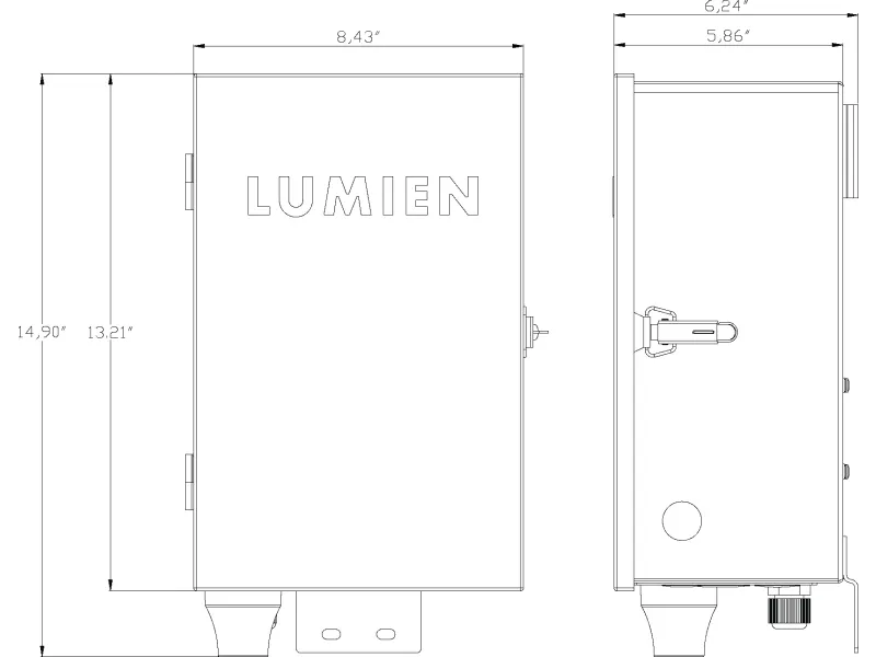 Technical drawing of Lumien device with dimensions and features outlined clearly.