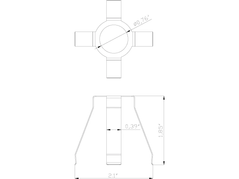 Technical drawing of a four-armed mechanical component with detailed dimensions in inches.