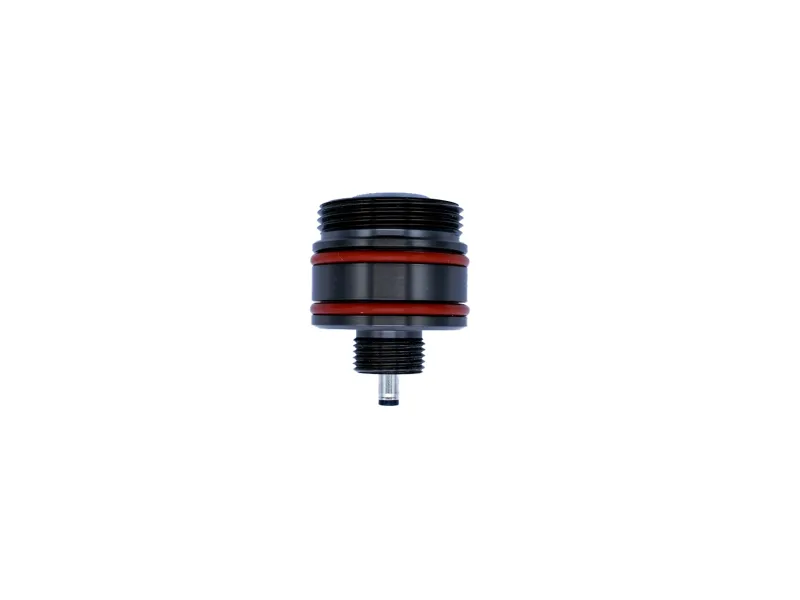Black metal industrial threaded connector with red O-rings isolated on white background.