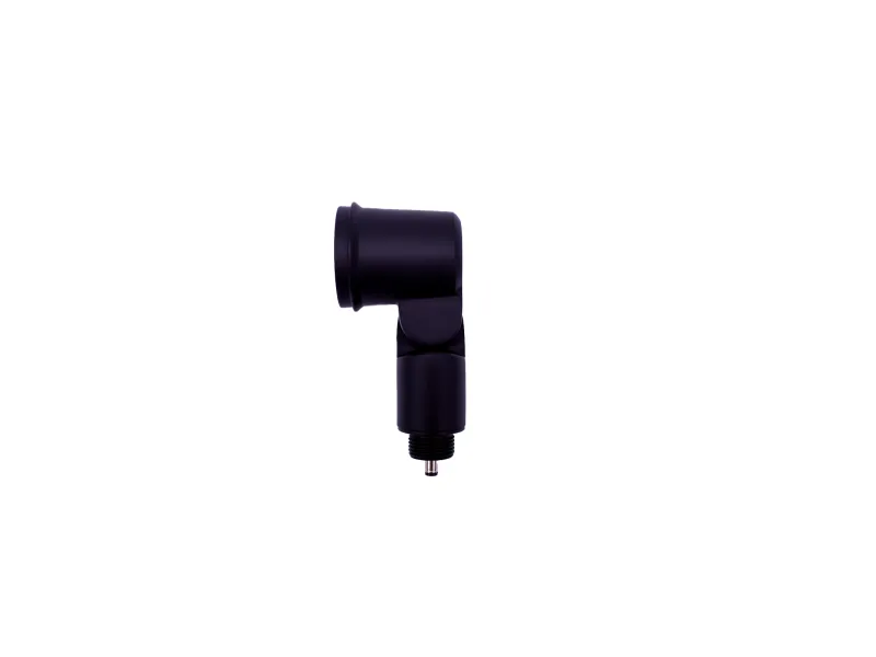 Black adjustable angled connector piece for hardware or piping on white background