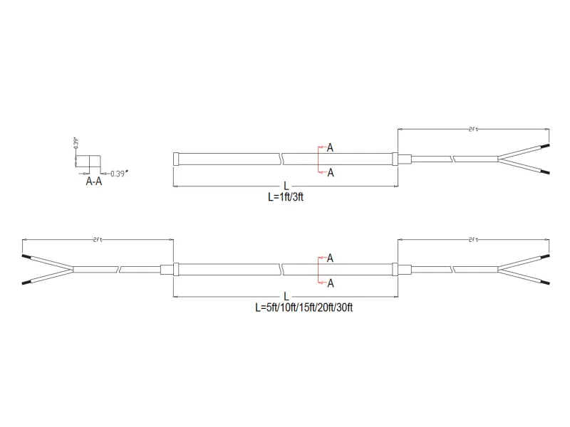 Technical diagram showing measurements and cross-section of a cable with dual Y-shaped ends and varying lengths.