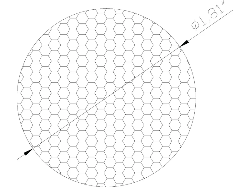 Technical drawing of a circular honeycomb pattern with a diameter measurement of 1.81 units.
