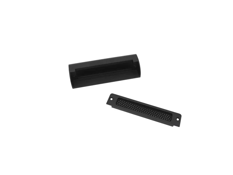 Black plastic handle and matching rectangular vent cover isolated on white background