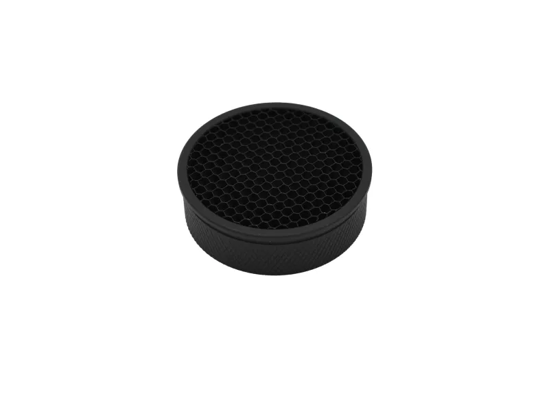 Black circular honeycomb grid accessory for camera flash or lighting equipment with textured sides.