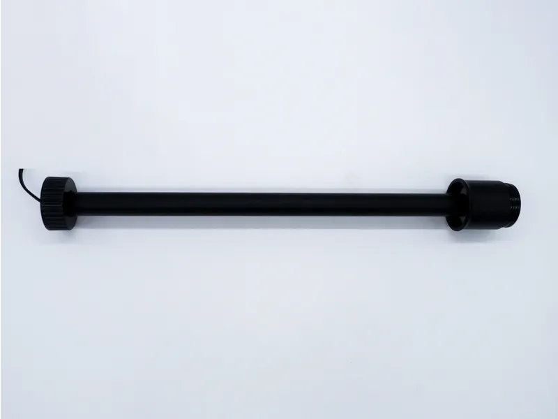 Black cylindrical rod with connectors on each end on a white background