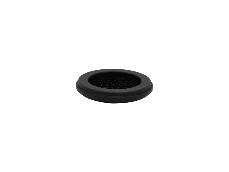 Black round honeycomb grid filter with a raised outer rim on white background.