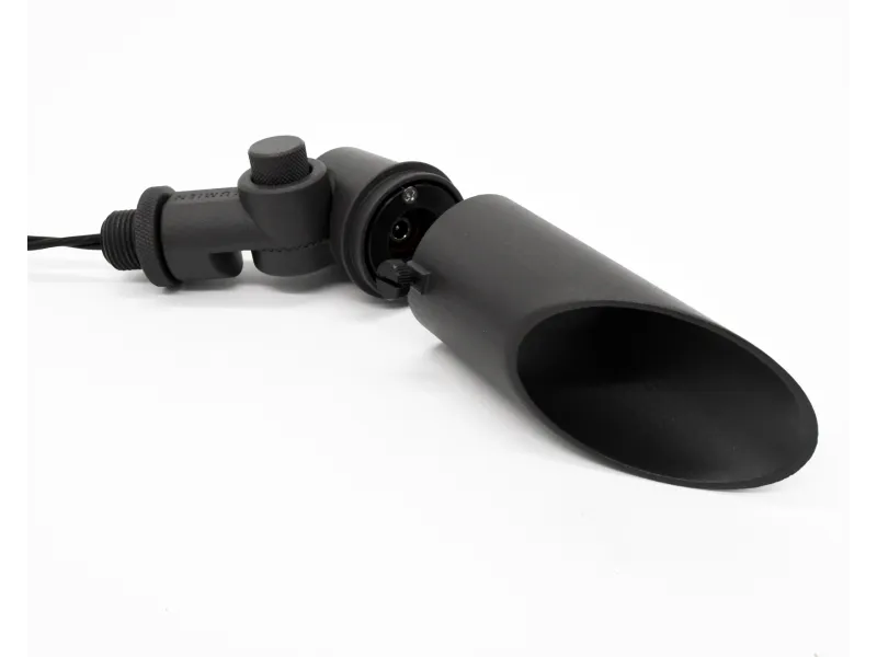 Black adjustable outdoor spotlight with a sleek, angled shade and mounting bracket on a white background